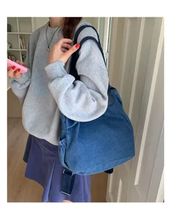 Sac cabas bandoulière multifonction en denim lavé rétro grand format sac à dos de voyage