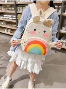 Cute cartoon kids backpack with vibrant rainbow pocket, comfortable straps, ideal for daily school.