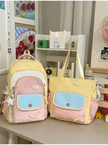 Süßes pastellfarbenes Schulrucksack und Tragetaschen Set für Studenten Alltag.