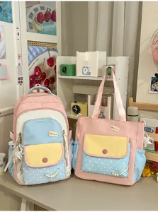 Süßes farbblock schüler rucksack und taschen set mit großer kapazität für mädchen schule.