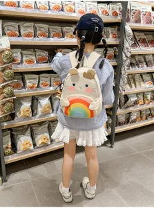 Cute cartoon bear children schoolbag detail view, rainbow design, kids backpack.