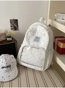 Zaino ita bianco a pois in stile coreano con tasca frontale trasparente borsa scolastica