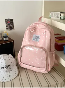 Zaino rosa a pois con tasca frontale trasparente, ideale per la scuola e lo shopping quotidiano.