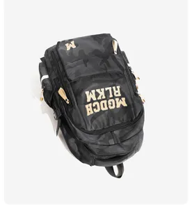 Camouflage large capacity student backpack detail view, stylish school rucksack for teens.