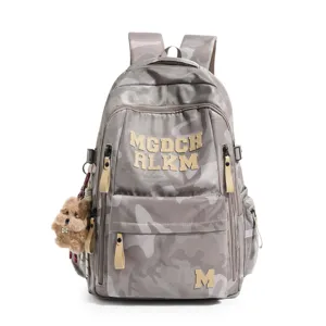 Grey camo school backpack detail, large capacity student bookbag with cute plush dog pendant.