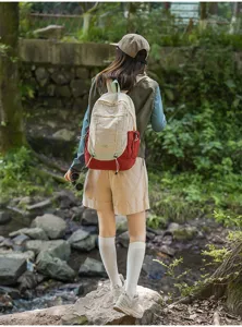 Outdoor casual canvas backpack detail shot, multi-pocket design, hiking and school use.