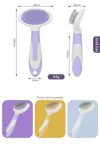 Pet grooming slicker brush for dogs and cats, size small with dimensions, multi-color options.