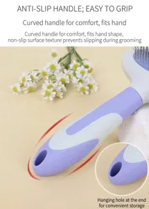 Pet grooming slicker brush for dogs and cats with anti-slip handle and hanging hole feature