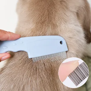 Pet flea comb with three rows of fine metal teeth for cats and dogs grooming and cleaning.