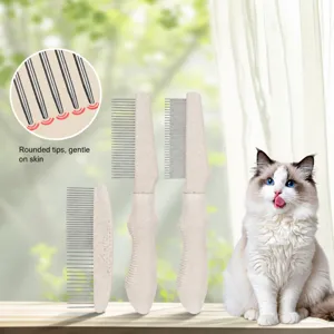 Pet grooming brush set with metal teeth and straw handle for cat dog shedding and detangling