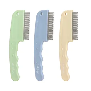 Three-row pet flea comb with stainless steel teeth and ergonomic plastic handle for cats.