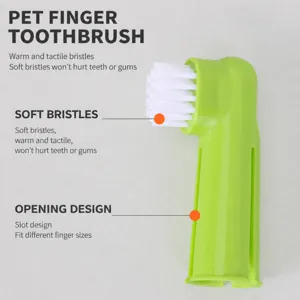 Green silicone pet finger toothbrush for dogs and cats, soft bristles for oral dental cleaning.