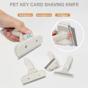 Pet grooming tool with wheat straw handle, key-press hair removal brush for cats and dogs.
