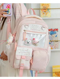 Zaino ita a righe rosa con finestra trasparente, grande capacità per studenti carino.