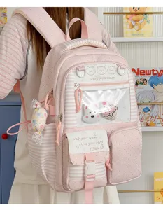 Zaino da studente a righe rosa con tasca frontale trasparente, grande capacità e stile giapponese.
