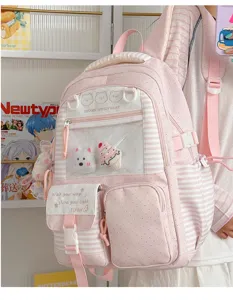 Zaino ita a righe rosa vista dettaglio, grande borsa scolastica con tasca frontale trasparente.