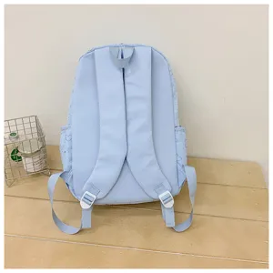 Sac à dos d'étudiant décontracté bleu clair avec joli imprimé cœur, grand sac d'école.