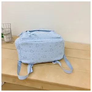 Cartable scolaire Harajuku bleu clair mignon avec imprimé cœur doux pour étudiant quotidien.