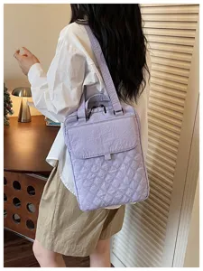Borsa tote in nylon trapuntato vista dettagliata, borsa per laptop casual da commuting in lilla