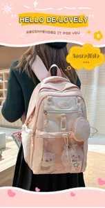 Sac à dos d'école rose mignon avec grande capacité, poche frontale transparente et porte-monnaie.