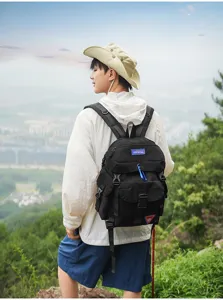 Detailaufnahme eines schwarzen taktischen Rucksacks mit Karabiner in schöner Naturlandschaft.