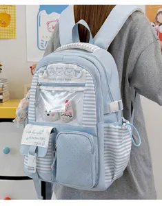 Zaino per studenti a pois a strisce azzurre in stile giapponese grande capacità