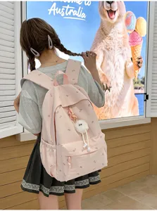 Rosa Canvas Schulrucksack fuer Maedchen niedliches Blattmuster grosse Kapazitaet Schultasche