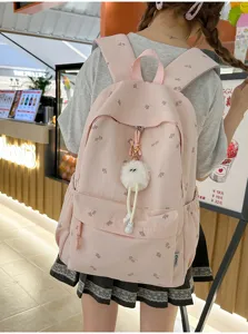 Süßer rosa Rucksack mit Ginkgoblätter-Motiv für Mädchen, großer Kapazität mit Plüsch.