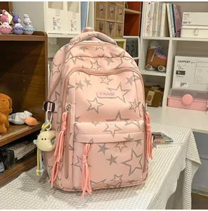 Pink star print backpack detail view, large capacity school bag for students, casual daily use.