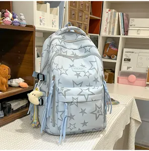 Detailed close-up view of the cute Japanese style star printed lightweight student backpack.