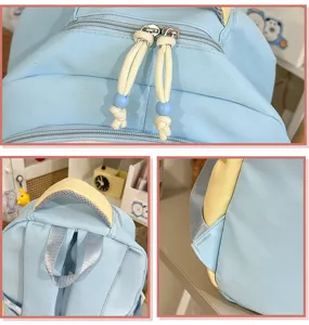 Detailansicht des niedlichen Farbmix Schulrucksacks für Schüler, strapazierfähig mit Reißverschluss.