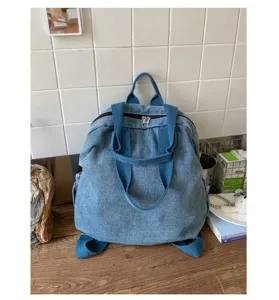 Sac à Dos en Denim Lavé Vintage Multifonctionnel Grande Capacité Sac Bandoulière Femme