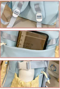 Nahaufnahme der Details von hellblauen und gelben Rucksackgurten sowie Taschen.