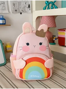 Cute pink bunny kids backpack with colorful rainbow design, perfect for school and daily use.