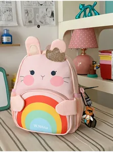 Cute pink rabbit children's backpack with colorful rainbow design, perfect for kids aged 3-6 daily use.
