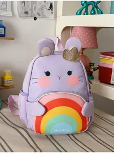 Cute cartoon rabbit children backpack with colorful rainbow pattern for 3-6 years old kids.