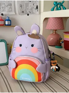 Kids cute purple bunny backpack with rainbow pocket design, perfect for 3-6 year old students daily use.