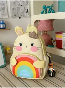 Cute cartoon bunny kids backpack with vibrant rainbow front pocket and bear pendant daily use.