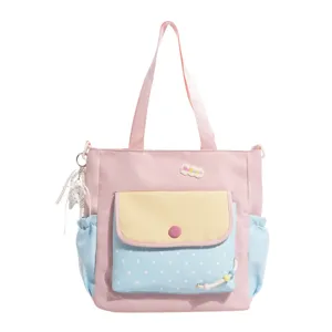 Süße farbgemixte Canvas-Tasche große Kapazität Studenten Umhängetasche Handtasche rosa