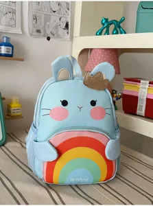 Cute kids cartoon rainbow bunny backpack for 3-6 years old girls dual shoulder school bag.