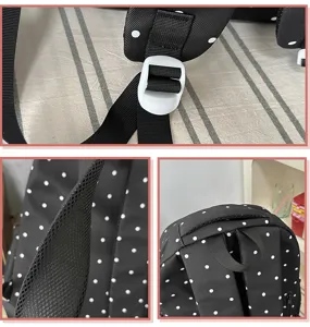 Dettagli in primo piano dello zaino nero a pois con cinghia regolabile e manico.