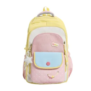Süßer Pastell Farbblock Schüler Rucksack Vorderansicht Detail mit Stern Anhänger Taschen.