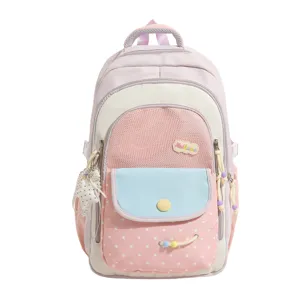 Süßer, farbblockierter Schulrucksack für Mädchen, große Kapazität, mit Polka-Dots und Fächern.