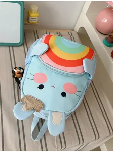 Cute cartoon children backpack with rainbow design light blue school bag for kids 3-6 years old