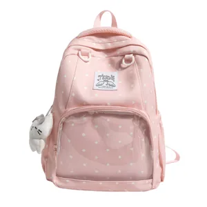 Zaino rosa a pois con tasca frontale trasparente, simpatico zaino casual per ragazze.