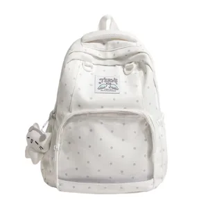 Zaino a pois bianchi con tasca frontale trasparente e grazioso ciondolo gatto peluche