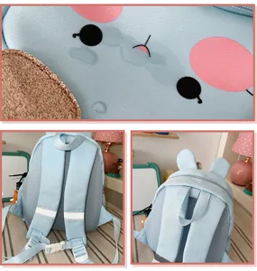 Cute kids cartoon backpack detail view, light blue waterproof fabric with lovely animal ears.