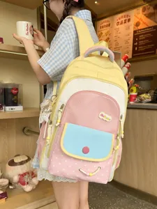 Große Kapazität Kontrastfarbe Schulrucksack Für Mädchen Süße Nylon Studenten Büchertasche Set Mit Anhänger Schultasche