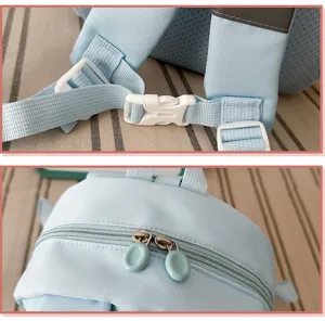 Children backpack detail view showing adjustable shoulder straps and durable smooth zipper pulls.