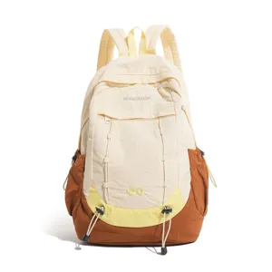 Casual patchwork canvas backpack for women students, stylish outdoor travel daypack with drawstring.